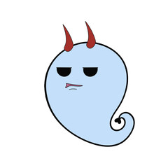 An angry devil blue seahorse cartoon with heart tail has a red horn on head.