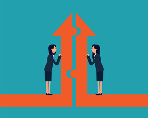 Cooperation and merger. Push the split arrow togethers. Vector illustration in cartoon design