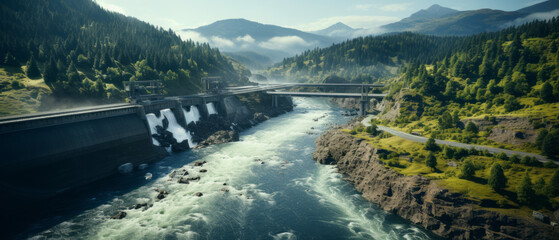 Hydroelectric power dam on a river and dark forest in beautiful mountains.generative ai
