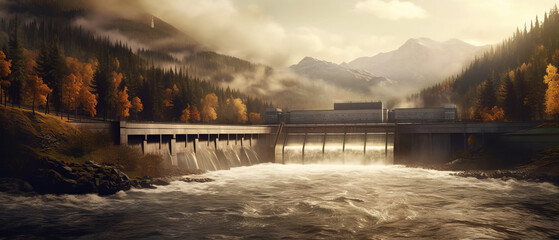 Hydroelectric power dam on a river and dark forest in beautiful mountains.generative ai - obrazy, fototapety, plakaty