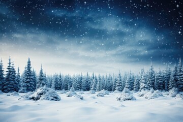 Fototapeta na wymiar A Christmas night landscape wallpaper depicting a scene where stars descend upon a snow-covered forest, creating a wondrous winter tableau. Photorealistic illustration, Generative AI