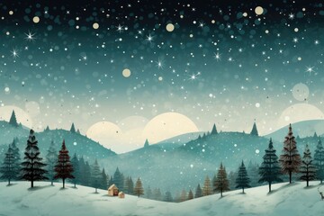 A watercolor-style winter landscape background image depicting snow falling gently from a starry night sky. Photorealistic illustration, Generative AI