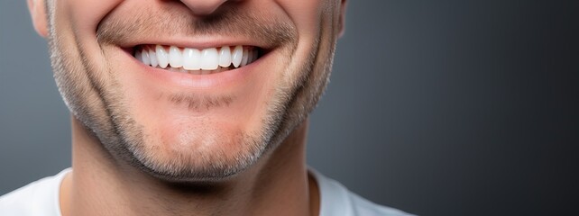 Obraz premium Smiling elderly man on a white background. Perfectly straight teeth. Dentistry and teeth whitening concept. Photo with copy space on a grey background.