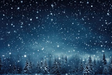 Obraz premium A background image depicting a serene winter night sky with gentle snowfall over a tranquil forest, capturing the enchanting beauty of a snowy evening. Photorealistic illustration, Generative AI