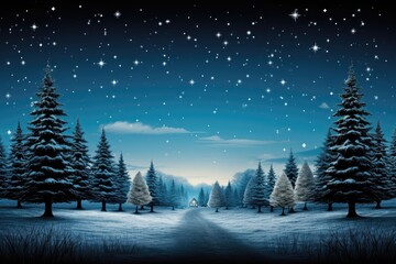 A serene Christmas night scene showcasing a road leading to a home, flanked by trees, all under a starry night sky. Photorealistic illustration, Generative AI