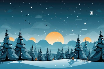 An illustrated winter night scene showcasing a starry sky with snowflakes gently falling over a serene forest. Photorealistic illustration, Generative AI
