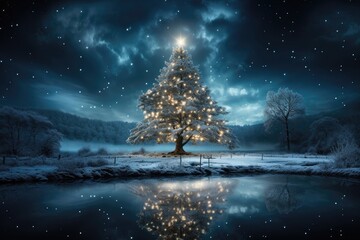 A majestic Christmas tree standing at the center, crowned with an illuminated star, all set against a nighttime sky. Photorealistic illustration, Generative AI