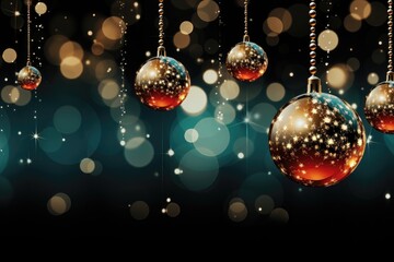 Fototapeta na wymiar A Christmas background image showcasing gleaming baubles hanging, while blurred lights in the background create a festive holiday atmosphere. Photorealistic illustration, Generative AI