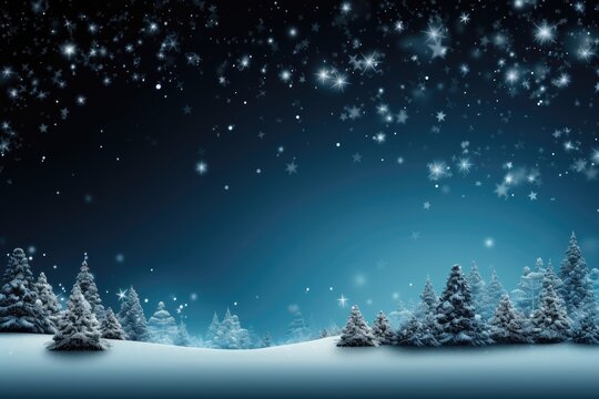 A peaceful Christmas night sky background image showcasing stars shimmering above snow-covered trees, creating a serene winter nighttime ambiance. Photorealistic illustration, Generative AI