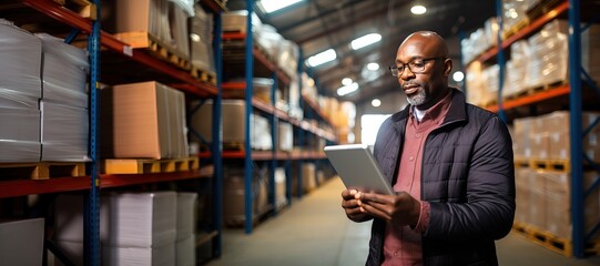 A middle-aged African American male accountant stands in a warehouse with a papers and checks the statements for the presence of goods. Warehouse accounting and bookkeeping.