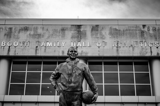 Lawrence, Kansas, USA - 7.20.2023 - Statue of Phog Allen in front of the University basketball arena. 