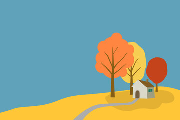 Autumn Landscape with house on hill.  Trees and blue sky background. Vector illustration