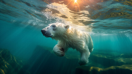 photograph of a polar bear swimming underwater in the arctic ocean generative ai - obrazy, fototapety, plakaty