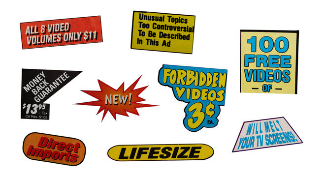 Cutout magazine vintage labels, price, words, stickers, tags, sign and more, collection of different designs from vintage 90's magazine, png isolated on transparent background