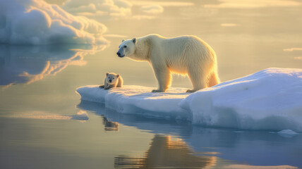 photograph of Polar bear with cub on ice floe telephoto lens realistic morning light generative ai