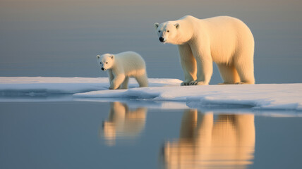 photograph of Polar bear with cub on ice floe telephoto lens realistic morning light generative ai