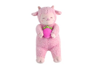 Stuffed lamb pink with strawberries isolated on white