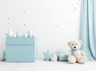In a white room adorned with star patterns on the walls, there stands a petite light blue armchair designed for children, accompanied by a white rug.