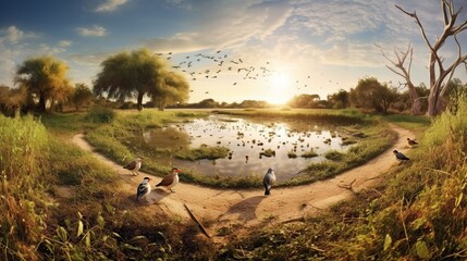 A flock of birds flying over the river at sunset. Beautiful natural background.