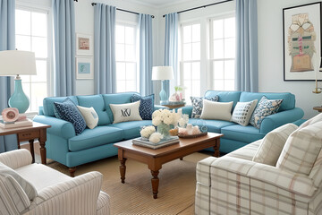 Preppy style modern living room with cozy sofa, and pastel blue lamp