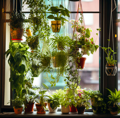 Fototapeta na wymiar different types of plants, hanging in a window
