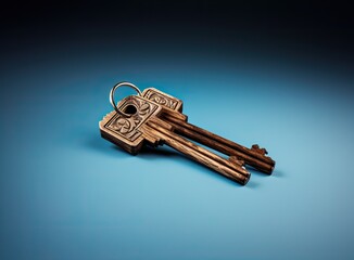 Arrangement of House-Shaped Keychain and Key on a Tranquil Blue Surface. Conveys Notions of Real Estate, Insurance, Mortgage, Home Buying and Selling, as well as the Role of a Realtor.