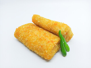 Fried Risoles or Risol Mayo (Traditional food) with a chili isolated on the white background