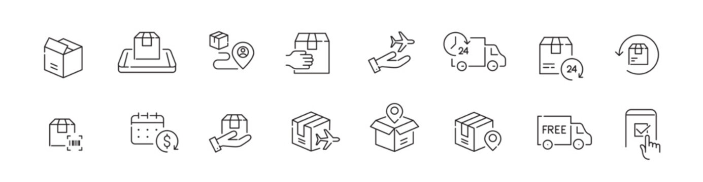 Set of random delivery icons. Tracking, bar code scanning, return and free shipping. Pixel perfect, editable stroke icon