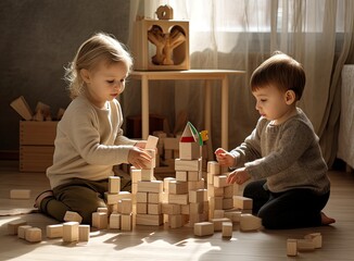Two Children Engage in Creative Play on the Floor of a Playful Kids' Room, Using a Colorful Toy Building Set. The Scene Reflects Kindergarten-Level Educational Activities and Encourages - obrazy, fototapety, plakaty