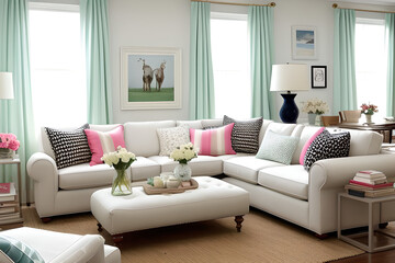 Preppy style modern family room with cozy sofa, pillow and big window