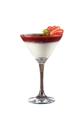 Dessert in the glass. Pastry cream dessert with chocolate and strawberry ganache