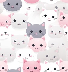 Seamless Pattern Featuring Charming Childlike Drawings of White and Pink Cats. Designed to be used for Printing, Wallpaper, Fabric, and Background Purposes, Adding a Playful and Cute Element.