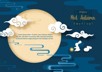 Greeting card and poster of Mid autumn festival with giant moon and white rabbit on blue background. Chinese lettering means "Happy Mid Autumn" in English.