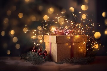 Christmas gift boxes and Christmas tree with bokeh background  copy space