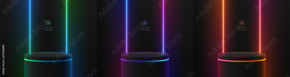 Wall mural set of 3d black cylinder podium with red, green, blue glowing vertical neon lighting background. abs