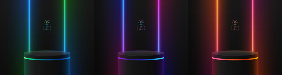 Set of 3D black cylinder podium with red, green, blue glowing vertical neon lighting background. Abstract mockup product display presentation. Minimal scene. Stage showcase. Platforms vector geometric
