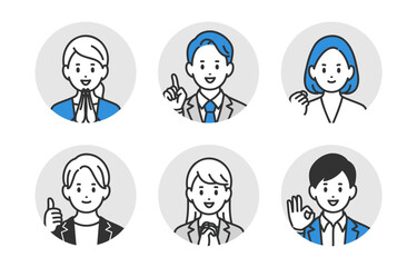 ポジティブなビジネスパーソン男女の顔アイコンセット【人物ベクターイラスト素材】