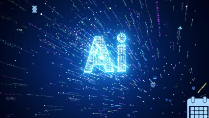 AI  text Artificial Intelligence technology. Futuristic cyber and technology concept. Random digital particle flow 