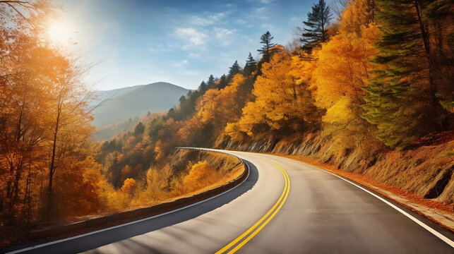 Scenic mountain road with autumn woods