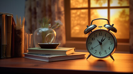 Naklejka premium Alarm clock closeup have a good day with a cup of coffee and flower pots background