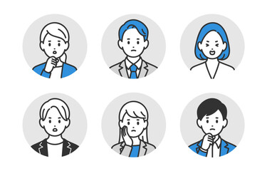 ネガティブなビジネスパーソン男女の顔アイコンセット【人物ベクターイラスト素材】