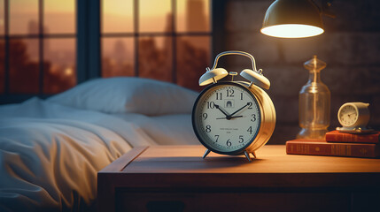 Alarm clock closeup have a good day with a cup of coffee and flower pots background