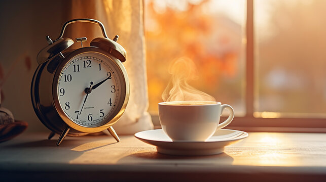 Alarm clock closeup have a good day with a cup of coffee and flower pots background