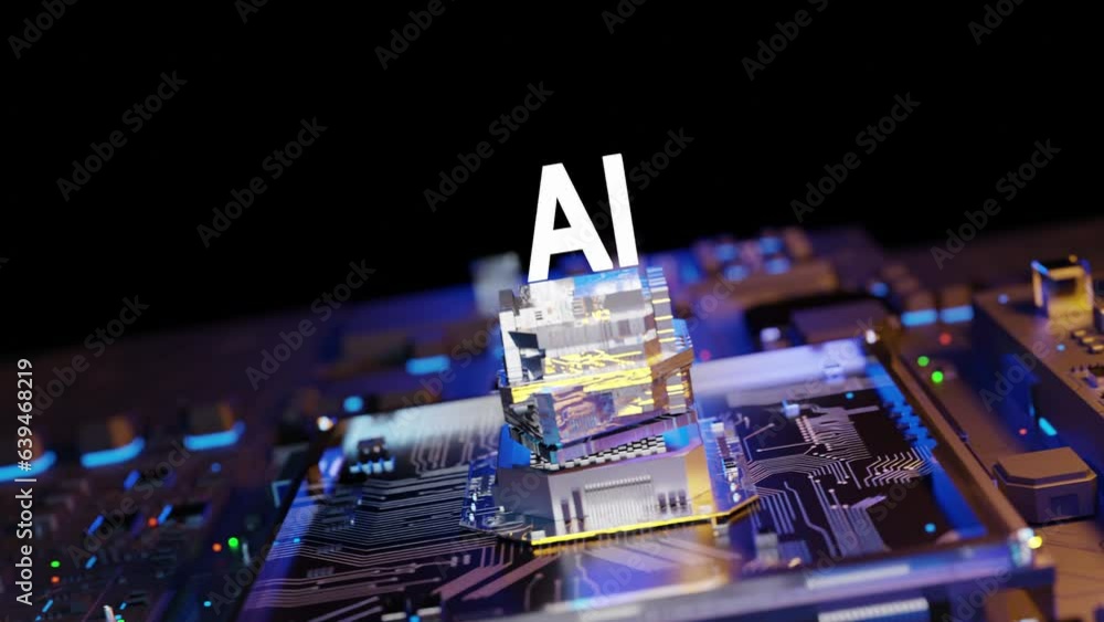 Poster AI  text Artificial Intelligence technology concept with random rotation stack CPU Central processing unit and chipset on mother board. Futuristic cyber and technology concepts