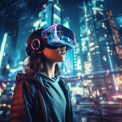 Illustration of a person wearing a virtual reality VR headset, AI Generated.