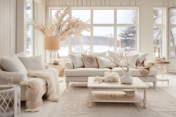 Fototapeta na wymiar Stylish living room with a white sofa, pillows and a table