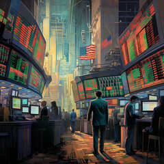 Vintage Wall Street in the 80s and 90s illustration. Generative AI