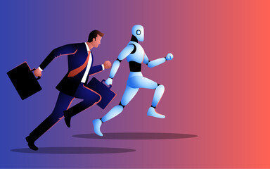 Fototapeta na wymiar Illustration of a businessman racing against a robot, depiction of human ingenuity challenging technological advancement. Innovation, competition, and the quest for excellence in modern business