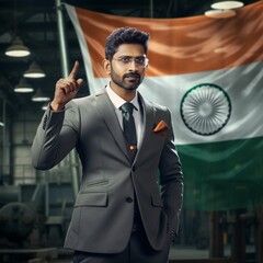 A real Indian man standing inform of national flag