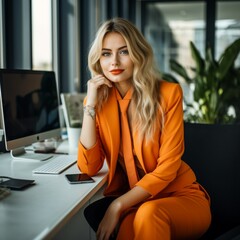 Blonde Lady wearing orange suit in a office working on office
